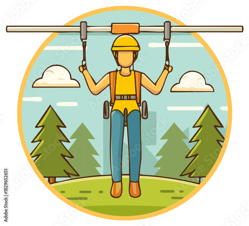 Man on Zip Line Adventure in Nature, Extreme Outdoor Activity