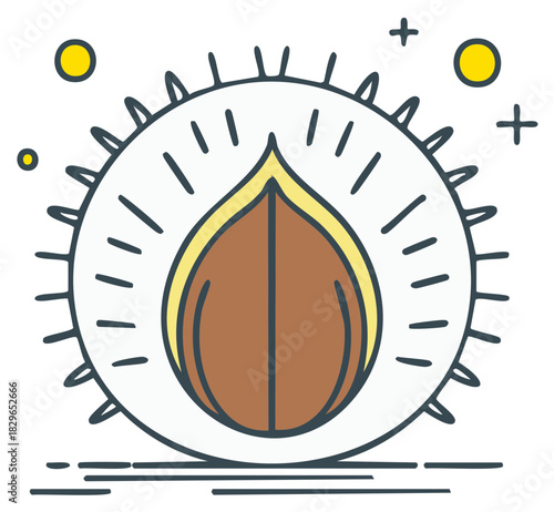 Line art icon of a chestnut in an open spiky shell. Stylized autumn harvest food and nature illustration.