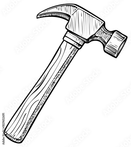 Sketch of a Claw Hammer with a Wooden Handle Drawn on a White Background