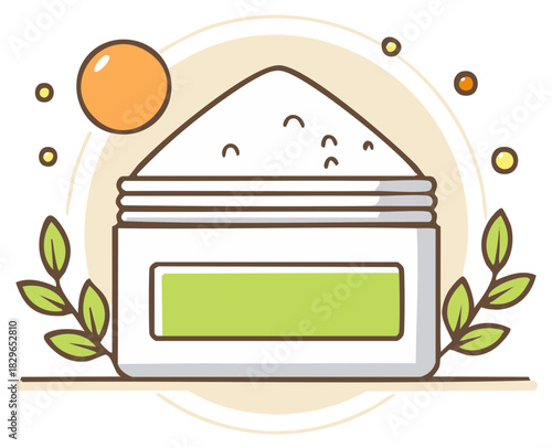 Jar of white powder with green label and leaves surrounded by circles and a sun element