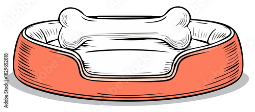 Dog bed with a bone illustration cartoon. Pet supplies, orange and white colors.