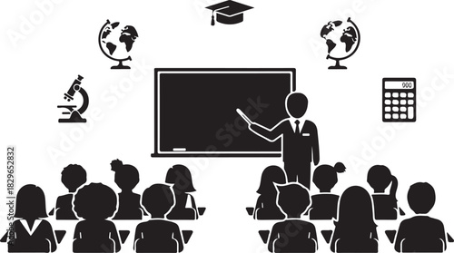 Black silhouette learning icon set featuring classroom board, teacher, students, globe, microscope, and calculator in simple minimal flat vector style