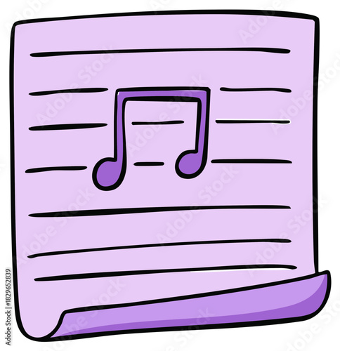 Simple purple musical note doodle on lined paper with a curled page corner illustration