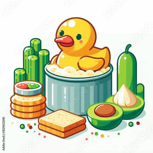A yellow rubber duck sits in a silver can surrounded by food items like toast avocado and cucumbers
