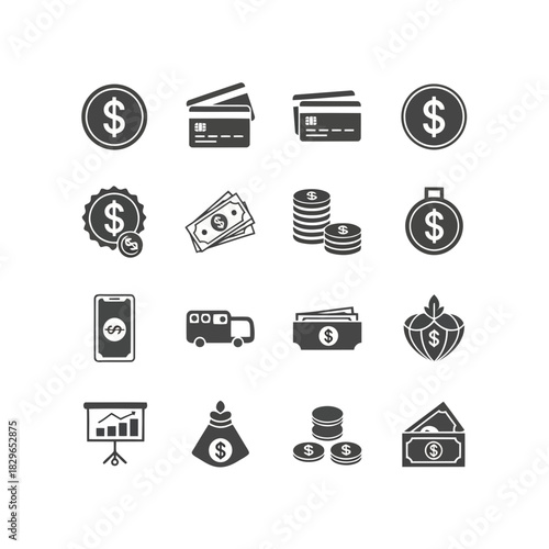Set of icons representing finance, banking, and business concepts including money, credit cards, and investments