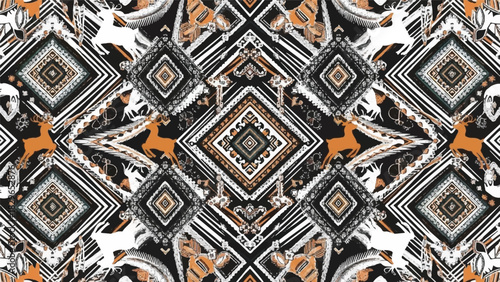 Abstract geometric pattern with animalistic and natural elements in earthy tones