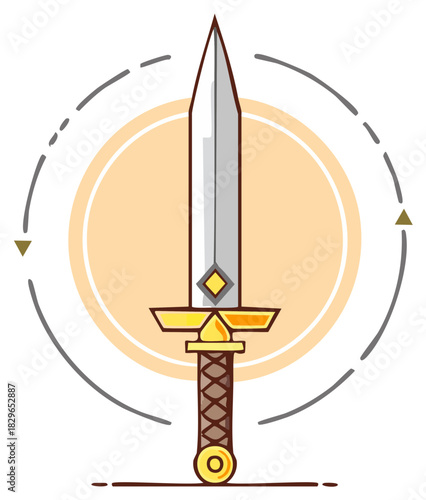 Illustration of a classic sword with a stylized guard and pommel against a circular graphic