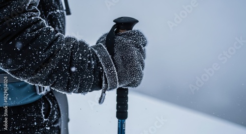 Close-up of person using ski poles in snowy winter landscape