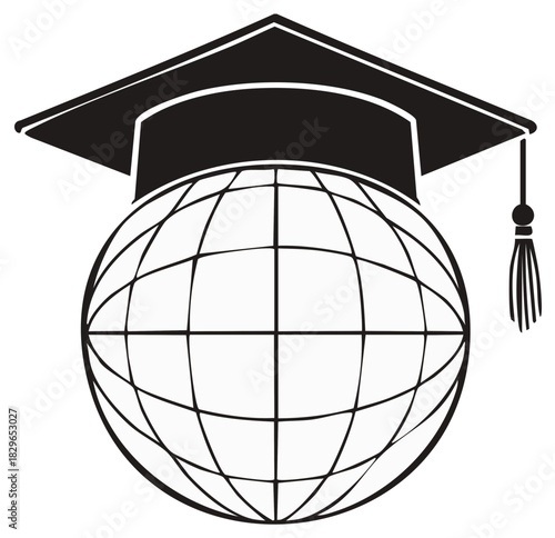 Graduation cap placed on a globe symbolizing global education and learning