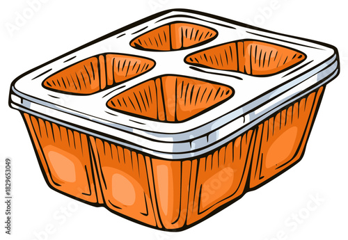 Orange food tray with four compartments and transparent lid graphic