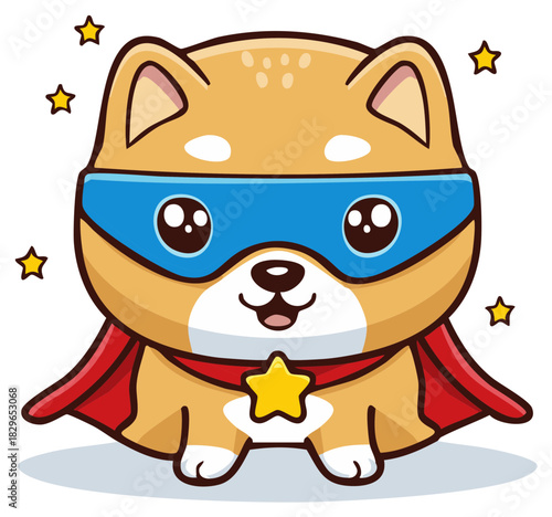 Adorable Shiba Inu Hero Cartoon Character Ready for Action with Star Decorations