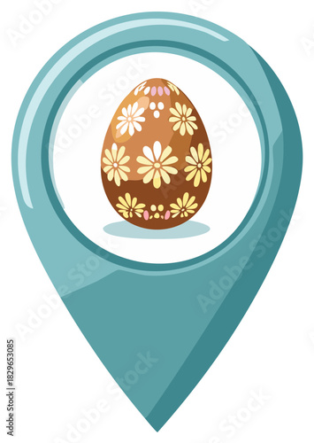 Easter egg hunt location map pin icon with decorative floral chocolate egg