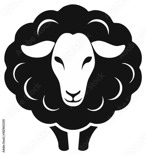 Stylized Black Sheep Icon with White Head, Curly Wool, and Ears Design