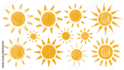 A collection of hand drawn yellow suns of varying sizes and styles scattered across a white background