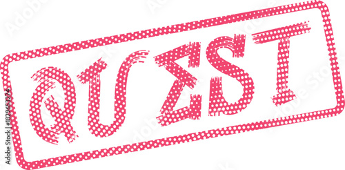 Vibrant Quest word mark featuring a distinctive pink dotted stamp texture on white