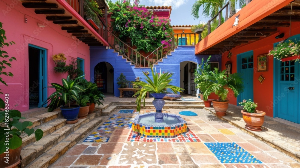 Fototapeta premium Vibrant Courtyard with Colorful Walls, Lush Plants, and a Charming Fountain in a Lively Tropical Setting