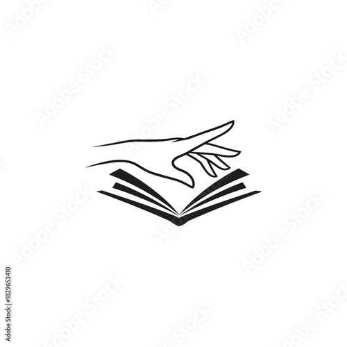 Hand reaching over an open book, simple black and white illustration.