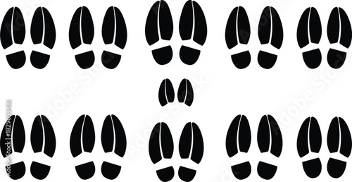 Animal tracks, hoof prints set, black silhouette of ungulate footprints, deer, elk, cow, pig, goat, or sheep walking sign, wildlife tracing symbol collection, isolated on white background.