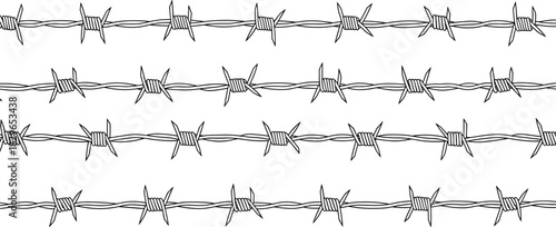 Barbed wire fence seamless horizontal pattern, four strands drawn in black and white, sharp spike military barrier, steel safety prison border, industrial farm field vector illustration set.