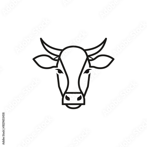 Minimalist black outline drawing of a cow's head with horns, facing forward on a white background.