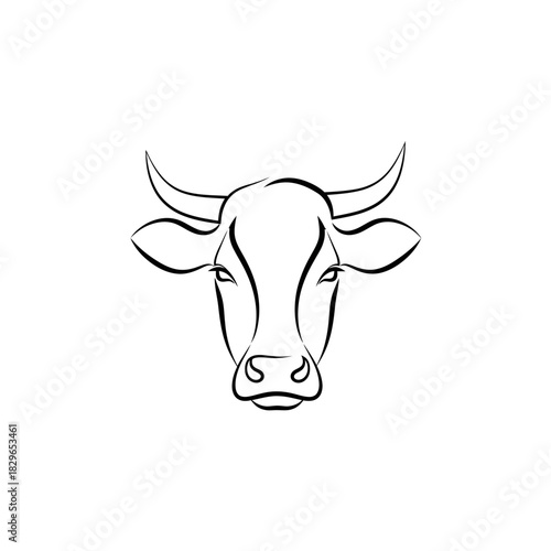Minimalist black line art drawing of a cow's head with horns, front view on a white background.