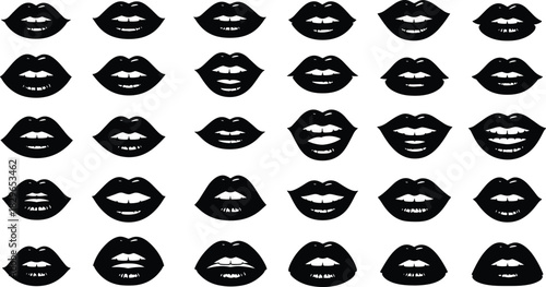 Black lips silhouettes vector collection, various open and closed mouth poses, kiss and talk expressions, beauty and makeup icon set, female cosmetic design elements, isolated on white background.