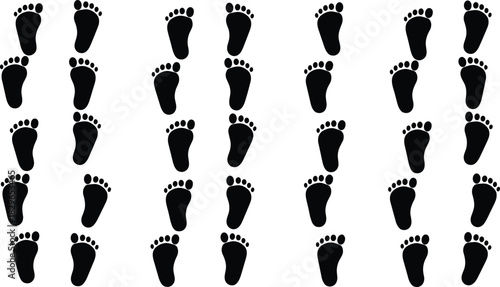 Black silhouette vector set of thirty distinct human footprints and bare foot marks, illustrating walking paths, guidance, following directions, detective work, baby steps