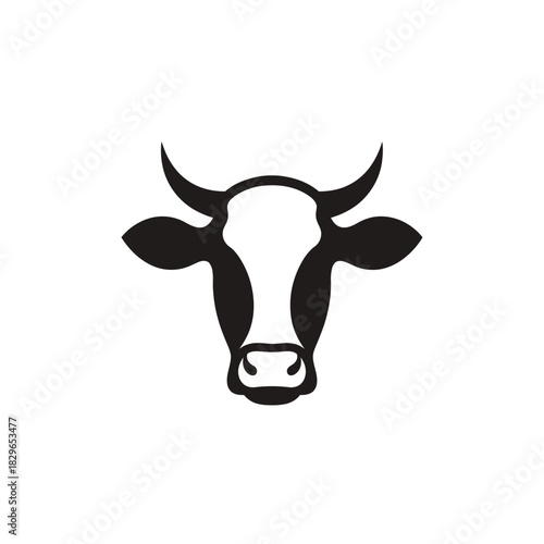 Simple black and white graphic illustration of a cow's head with horns, facing forward, on a plain background.