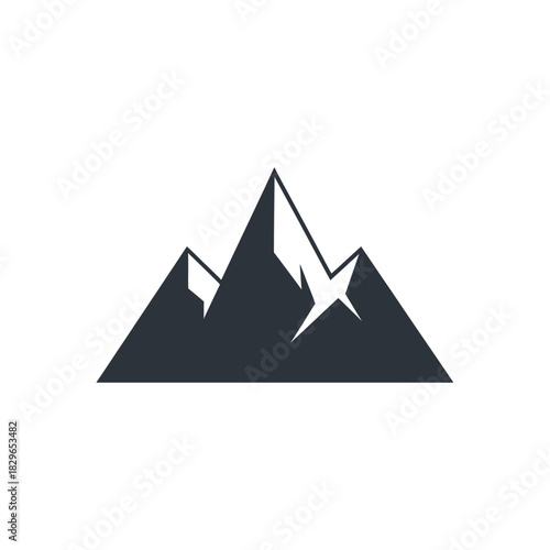Minimalist black and white icon of three stylized mountains with sharp peaks and some snow or highlights.