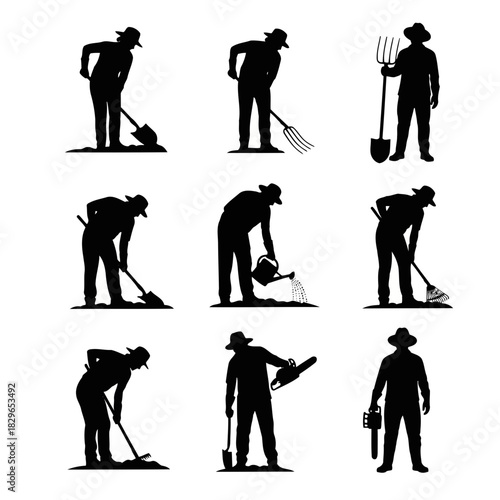 Silhouettes of workers performing various construction and gardening tasks, isolated on