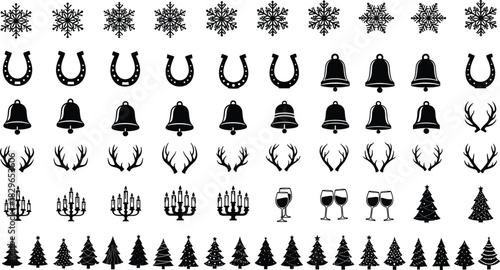 Collection of Christmas and Holiday Silhouette Icons Vector Set, Featuring Snowflakes, Bells, Antlers, Trees, Horseshoes, Wine Glasses, and Candlesticks, Perfect for Festive Design Elements