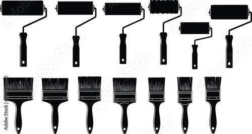 Collection of black vector silhouettes featuring various paint rollers and brushes, representing professional painting tools, home renovation, artistic decoration, construction equipment