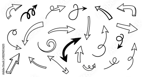 Various stylized arrows and curved lines in different directions and styles, isolated on
