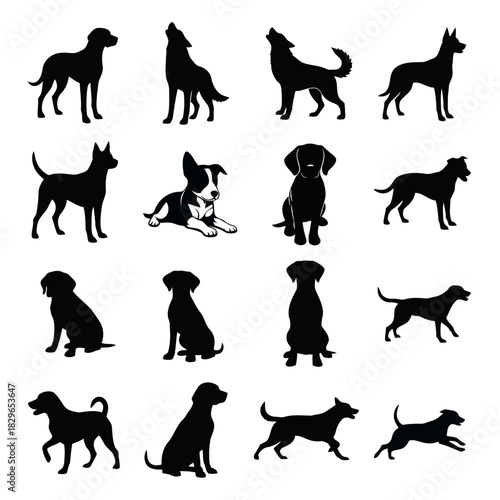 Collection of black silhouette illustrations of various dog breeds in different poses and positions