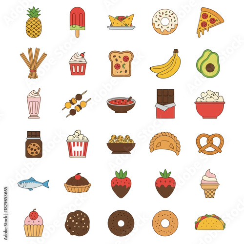Assorted colorful food icons including pizza, fruits, desserts, and snacks on