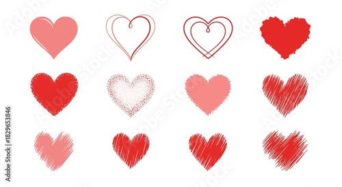 Collection of various heart shapes in different styles and colors, including solid, outlined, and textured designs