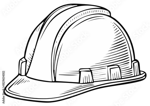 Black and white line drawing of a safety helmet depicting construction or protection gear providing a clear and detailed illustration