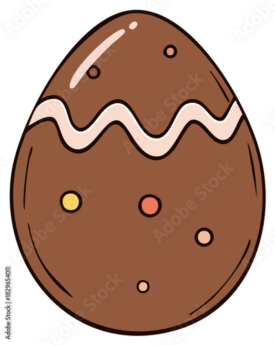 Illustrated chocolate Easter egg with decorative wavy icing and candy sprinkles