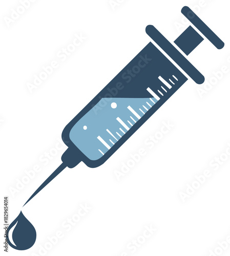Healthcare syringe icon with blue medicine liquid and a precise falling drop