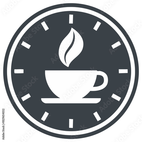 Coffee time icon showing hot beverage cup with a leaf inside a minimalist clock face