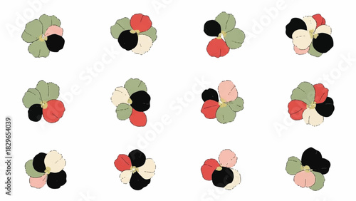 Vector collection of stylized pansy flower icons with diverse color palettes