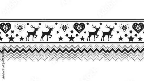 Christmas deer and heart border pattern with stars and zigzags