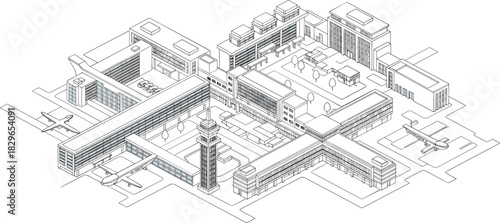 Isometric modern airport terminal illustration, aviation hub infrastructure, control tower, runways, aircraft layout, urban transportation design, architectural 