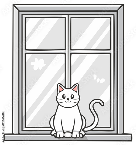 Cute white cartoon cat sitting happily on a windowsill in front of a bright window