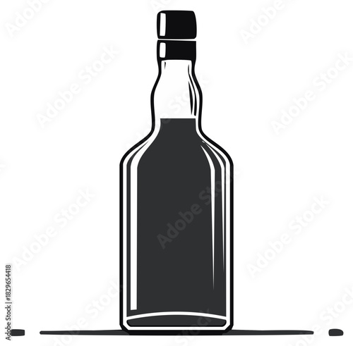 Stylized whiskey liquor bottle black and white vector illustration with cap