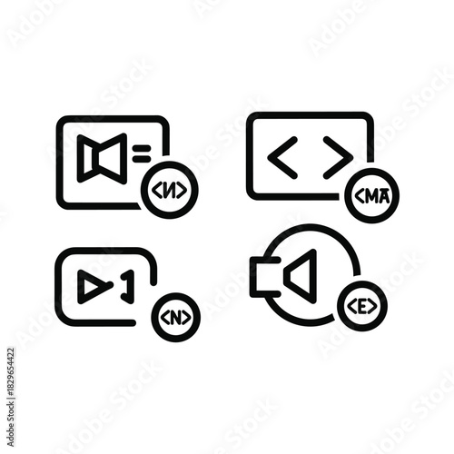 Set of four black and white line icons representing multimedia, coding, audio, and video editing functions isolated on