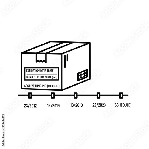 Black and white line art icon representing a shipping box with an expiration date timeline below it, isolated on