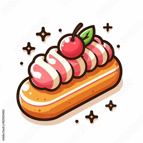 An elongated dessert pastry topped with piped pinkandwhite frosting a cherry and a green leaf