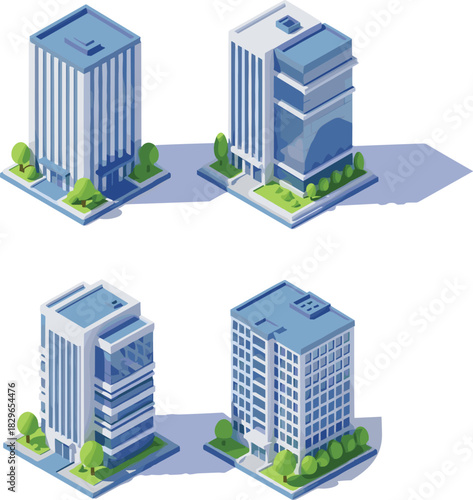 Isometric modern office buildings illustration with corporate architecture, commercial towers, city infrastructure design, contemporary urban business 