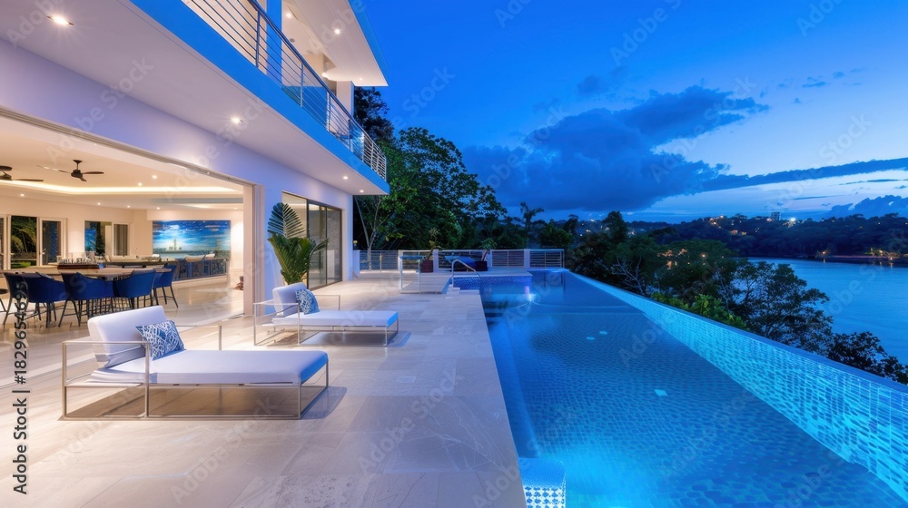 Fototapeta premium Modern luxury villa with infinity pool overlooking serene lake at twilight with beautiful blue sky and lush greenery